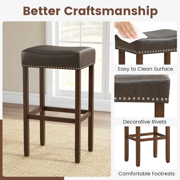 Set of 2 padded bar stools with footrests for counter - Gray
