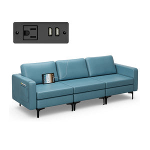 3-seater leather sofa bed with magazine pockets and 2 USB ports - Blue