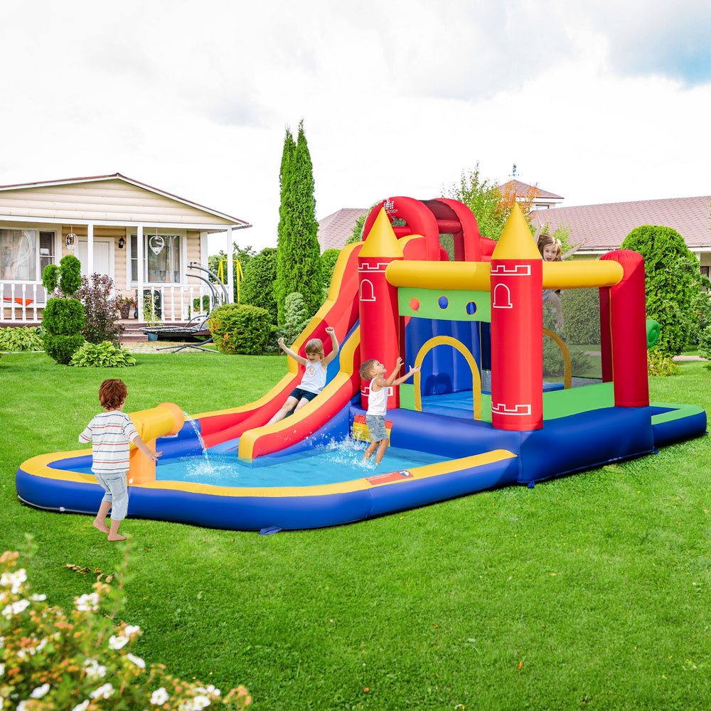 9-in-1 inflatable castle with water slide and paddling pool (no blower required)