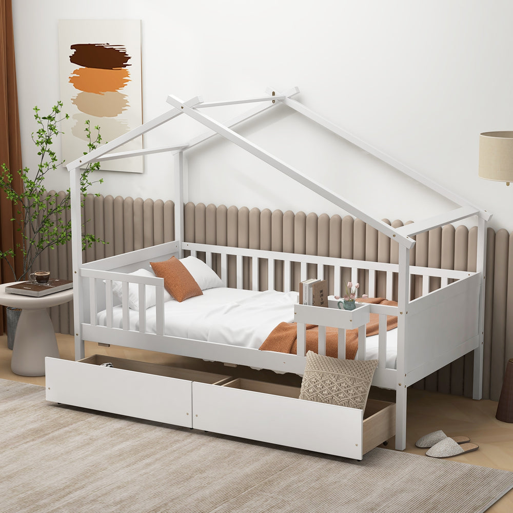 Bed with 2 storage drawers and roof and fence rails - White