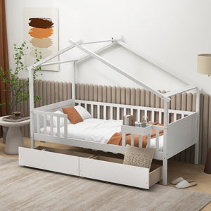 Bed with 2 storage drawers and roof and fence rails - White