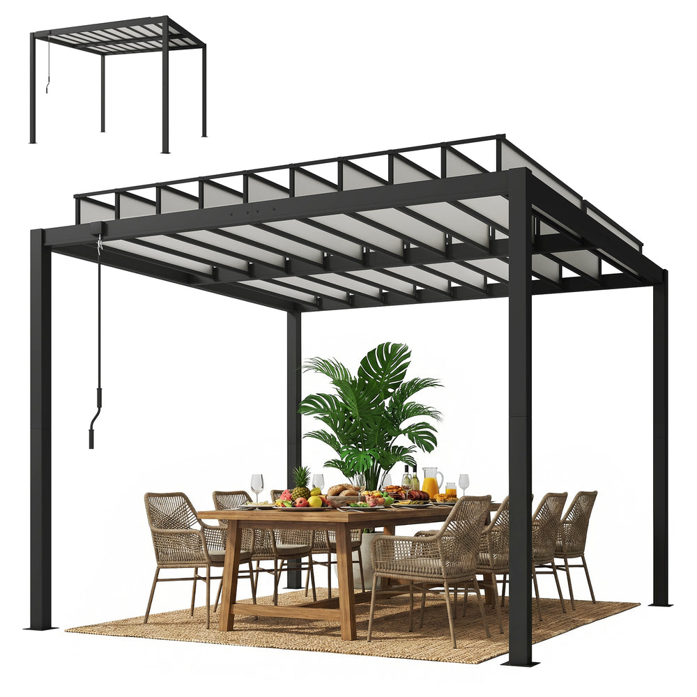 9.5 x 10 ft adjustable louvered pergola with polycarbonate roof, drainage gutters, handle, clear