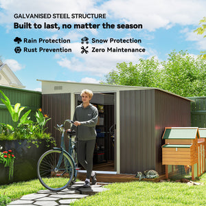 Grey steel garden shed with double sliding doors and 2 vents