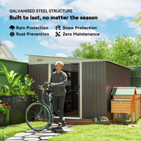 Grey steel garden shed with double sliding doors and 2 vents