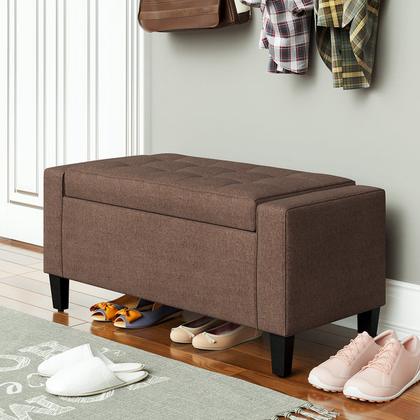 Linen upholstered storage bench with tufted pattern, brown