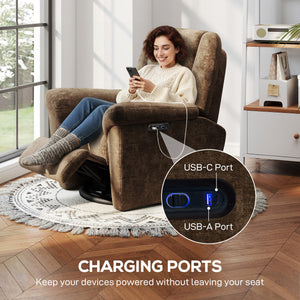 Electric reclining armchair, upholstered in fabric, with USB ports, swivel and rocking function, and footrest, Brown