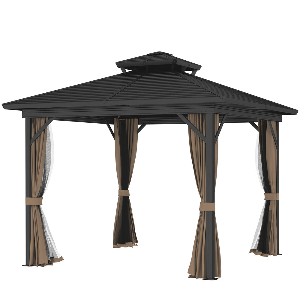 10x10 Gazebo with Double-Tiered Metal Roof, Mosquito Netting, and Hanging Hook, Dark Brown