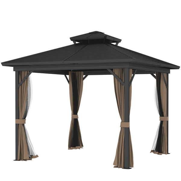 10x10 Gazebo with Double-Tiered Metal Roof, Mosquito Netting, and Hanging Hook, Dark Brown
