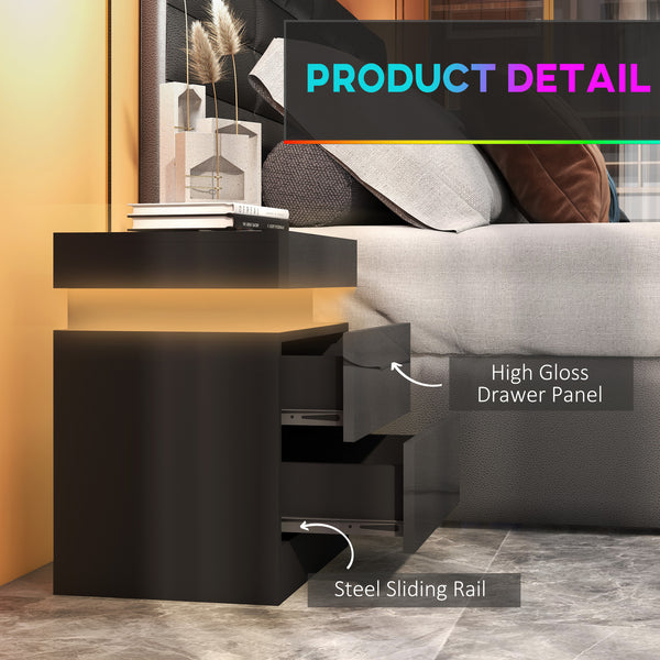 Bedside table with LED lighting and 2 drawers, black