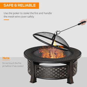 Outdoor Fire Pit with Grill, Mesh Lid, Poker, for Camping, Bonfire, Picnic, Bronze