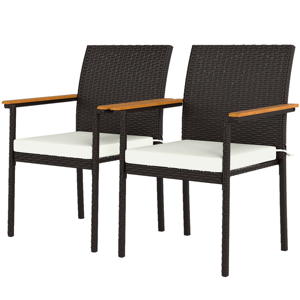 Set of 2 stackable wicker garden chairs with removable cushion, cream white