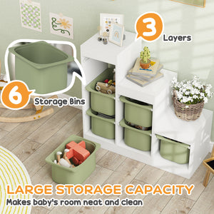 3-Tier Storage Shelf with 6 Plastic Bins, Green