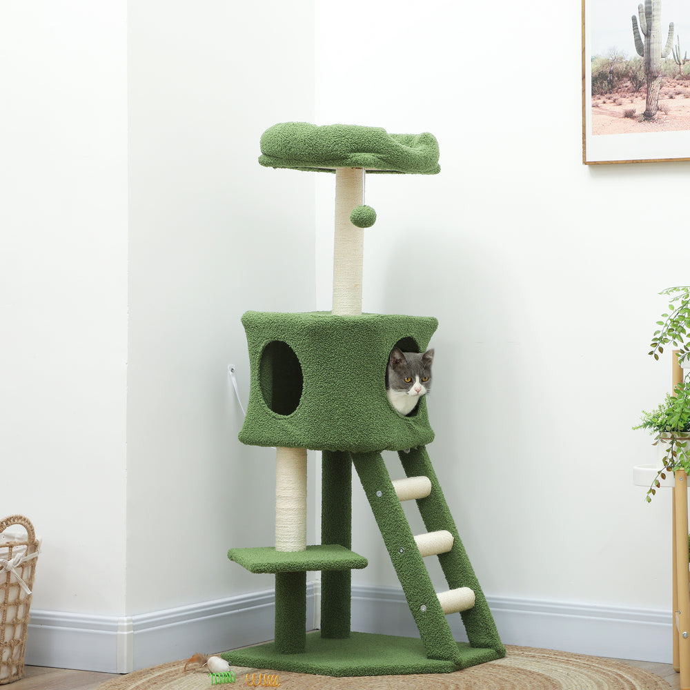 119cm high cat tree with niche, ladder, scratching posts and hanging ball, green