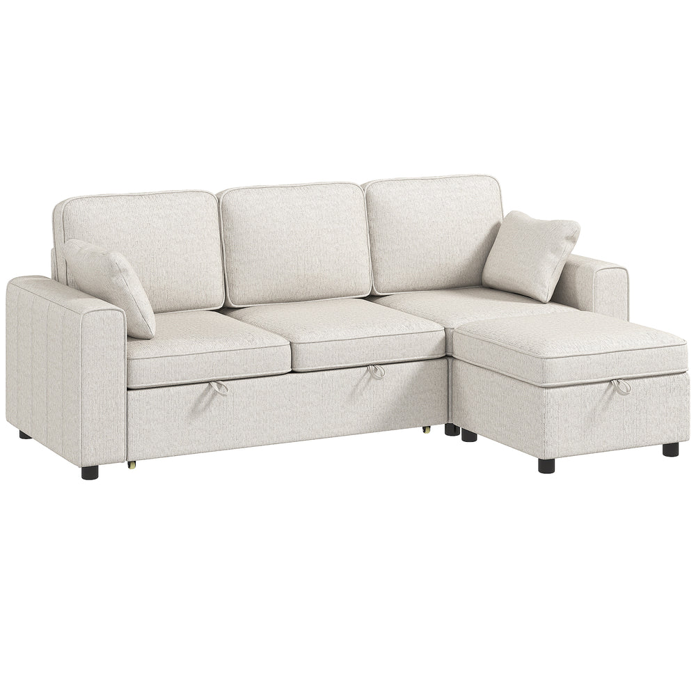 Modular sectional sofa bed with reversible storage ottoman and spring cushions, beige