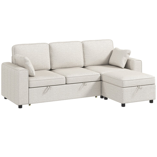 Modular sectional sofa bed with reversible storage ottoman and spring cushions, beige