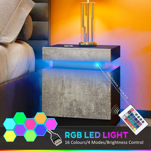 Bedside table with LED lighting and 2 drawers, cement gray