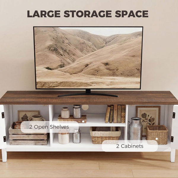 TV stand for TVs up to 42 inches with 2 open shelves, 2 cupboards, thick top, white and brown