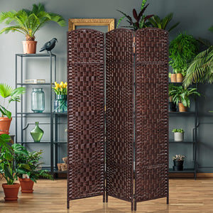 3-Panel Folding Room Divider with Wooden Frame, Brown