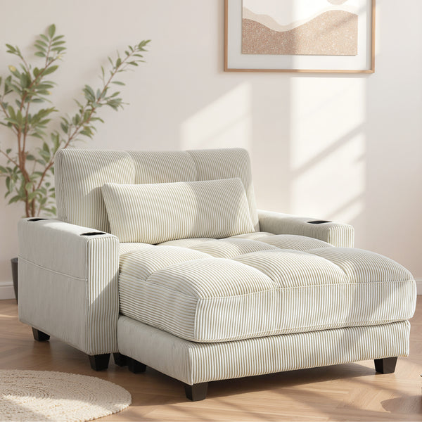 Cream white corduroy recliner armchair with cup holders and pocket springs