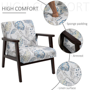 Retro fabric armchair with wooden armrests, floral pattern