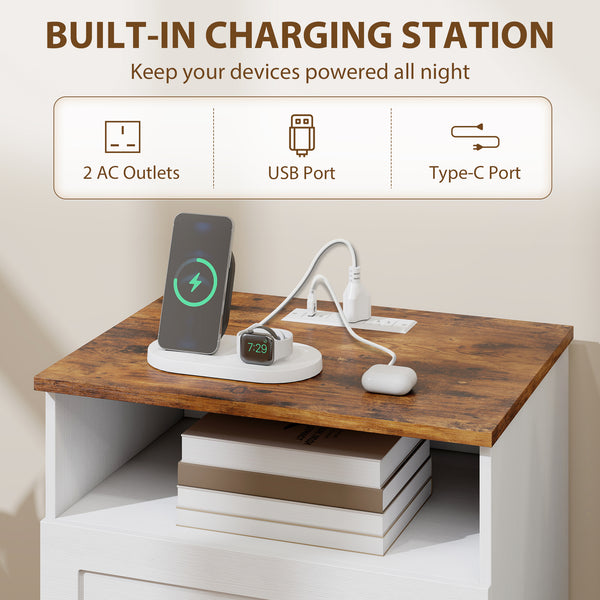 Nightstand with charging station and 2 drawers, set of 2, white and oak