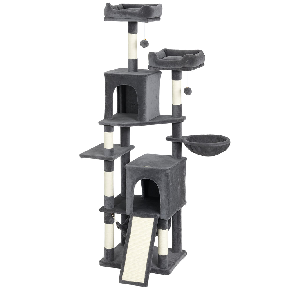 178cm Multi-Level Cat Tree with 2 Cabins, 2 Perches, Hammock, Play Balls, Dark Grey