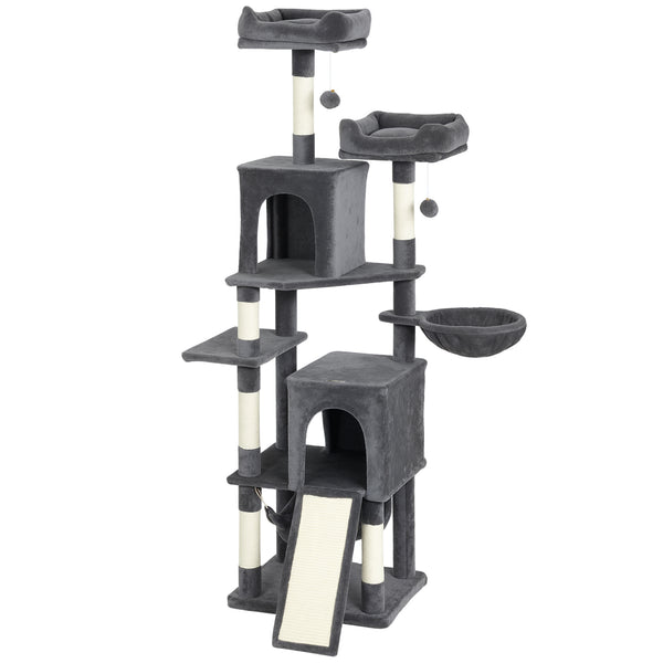 178cm Multi-Level Cat Tree with 2 Cabins, 2 Perches, Hammock, Play Balls, Dark Grey
