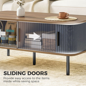 Coffee table with storage and fluted sliding doors – Black and walnut