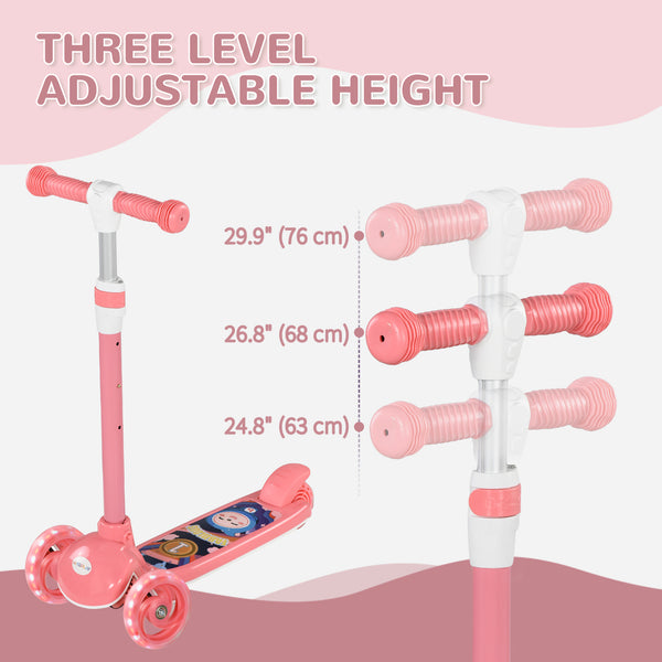 3-wheel scooter, adjustable height, rear brake, LED lighting, TPE handlebar, pink 