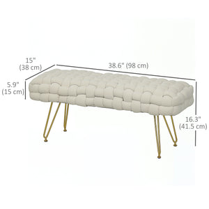 Velvet upholstered bed bench with gold metal legs, cream white