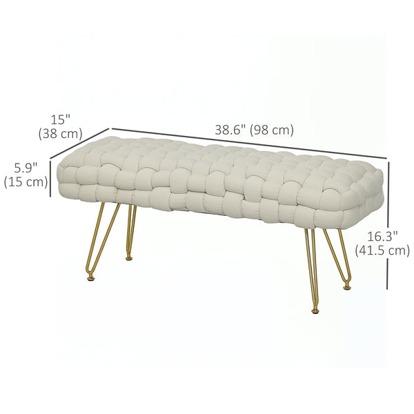 Velvet upholstered bed bench with gold metal legs, cream white