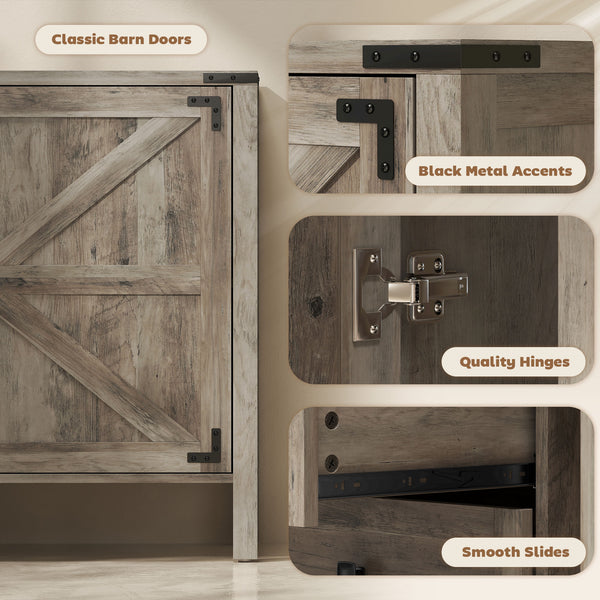 Country style sideboard with thick top, 2 barn doors, 4 drawers and 2 adjustable shelves, gray