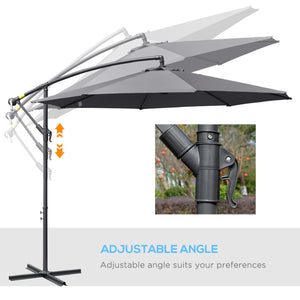 10ft Offset Patio Umbrella with Base, Garden Hanging Parasol with Crank, Banana Cantilever Umbrella Sun Shade, Gray
