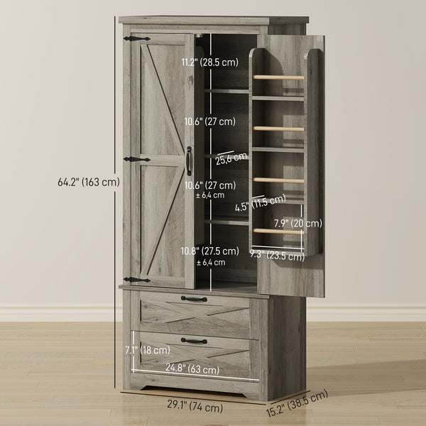 Country Style Pantry with Drawers, Distressed Gray