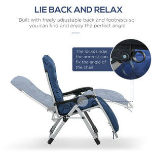 Set of 2 folding garden chairs with cushion and headrest, dark blue 