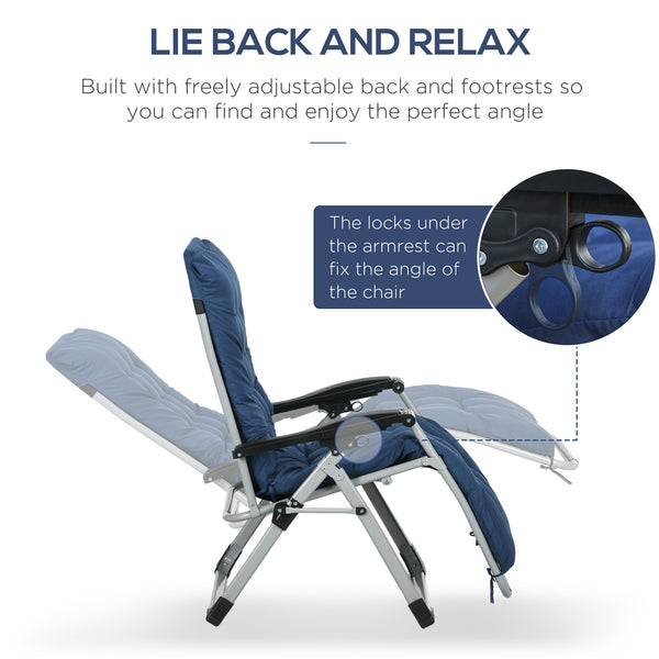 Set of 2 folding garden chairs with cushion and headrest, dark blue 