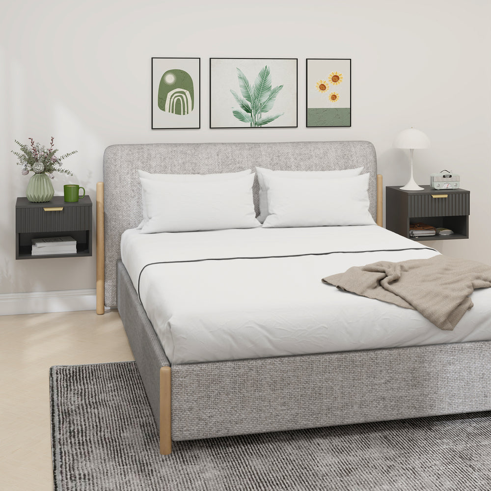 Set of 2 wall-mounted bedside tables with drawer and open shelf, black