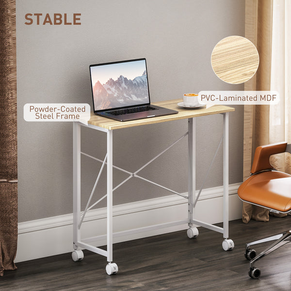 Compact folding desk on casters for small spaces – Oak and white finish