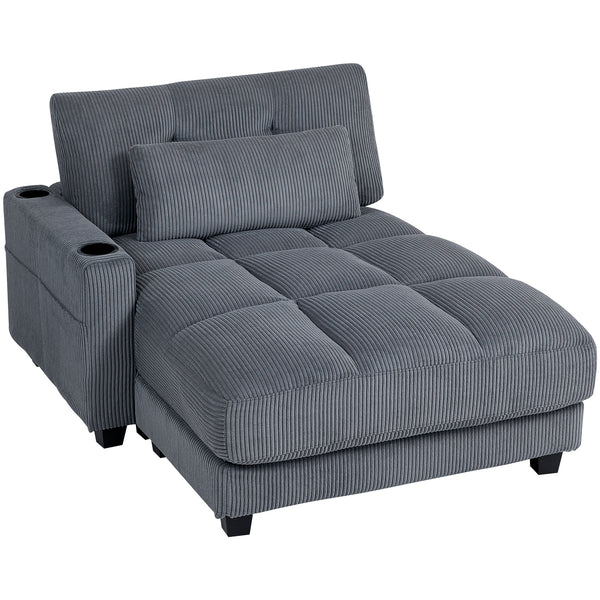 Large Corduroy Reading Sofa with 2 Cup Holders, Dark Grey
