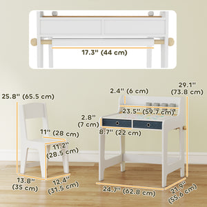 Table and chair set with storage shelf and drawers, white