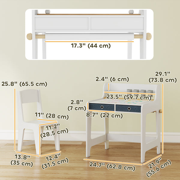 Table and chair set with storage shelf and drawers, white