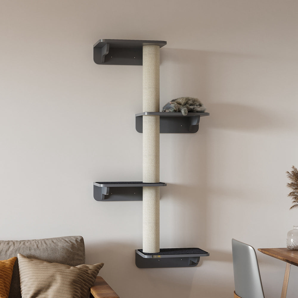 Wall-mounted cat tree with 4 platforms and 3 scratching posts, light grey