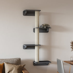 Wall-mounted cat tree with 4 platforms and 3 scratching posts, light grey