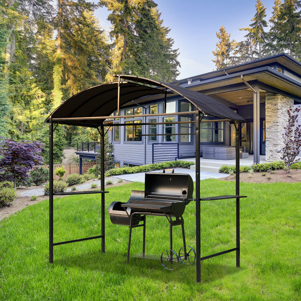 Barbecue gazebo with metal frame, arch and sunshade