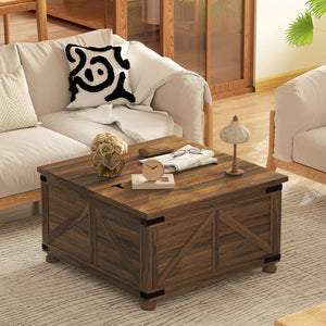 Country Style Lift Top Coffee Table with Hidden Compartment, Brown Wood Grain