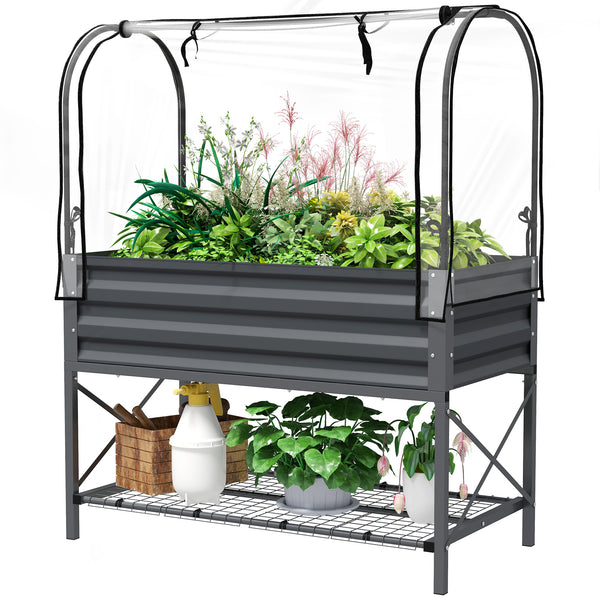 Raised planter with lid, lower shelf and liner, dark grey