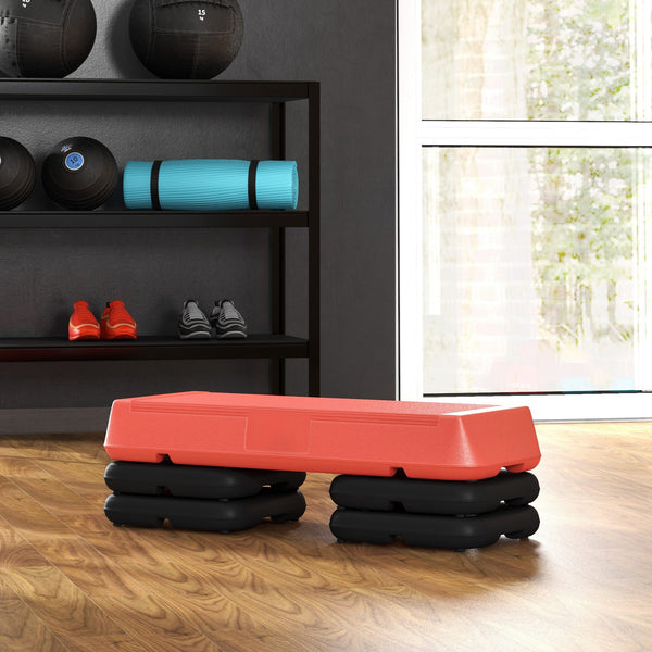 Adjustable Aerobic Stepper, 3 Levels with Risers 4", 6", 8", Red