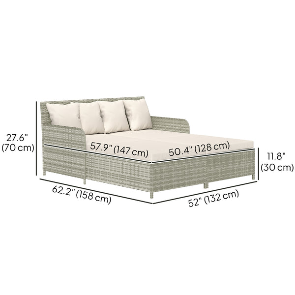 Outdoor rattan sun lounger with soft cushions, 4 pillows, curved backrest and armrests, beige