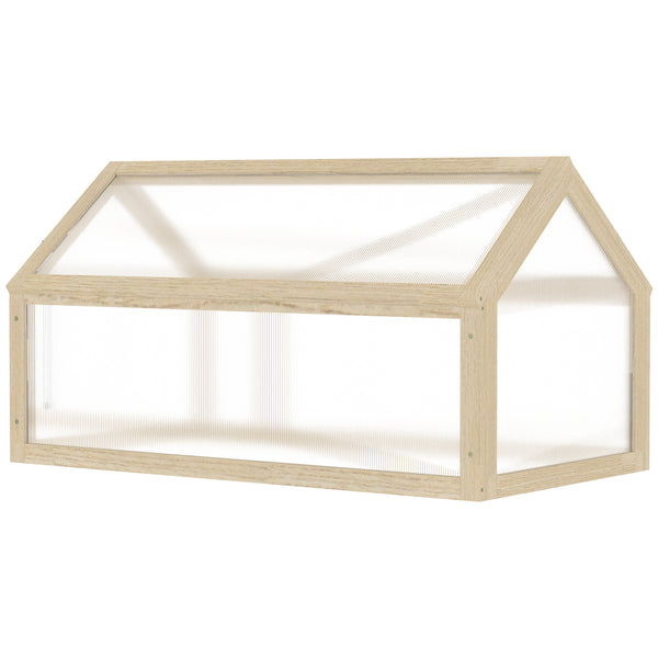 Portable raised garden greenhouse made of natural wood with a hinged lid