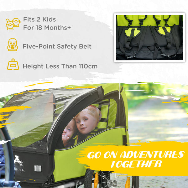 2-seater bicycle trailer with 5-point harness, 20-inch wheels, green